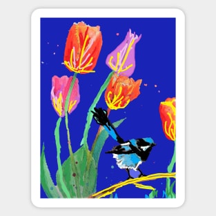 Abstract Blue Wren and Tulips Painting - on Navy Blue Sticker